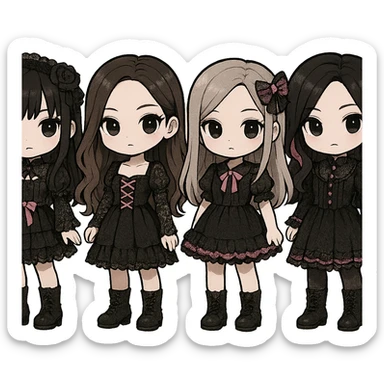 Gothic chibi versions of Blackpink, cute but dark, black lace, pink accents, chibi style, adorable yet gothic sticker