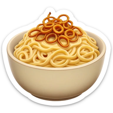 cheesy noodles in a rustic bowl topped with fried onions sticker