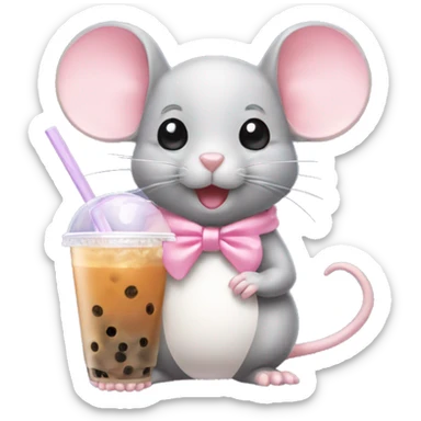 Mouse with a light pink bow on its head drinking bubble tea sticker