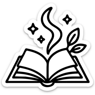 A sketch of a magical book with magic flowing out, drawn with crisp outlines, bold rough shadows, and bright highlights on every element as needed. The drawing should look like a traditional illustration, not stylized art. sticker