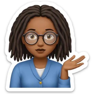 darker skin female with dark dreadlock hair wearing large round glasses shrugging her shoulders sticker