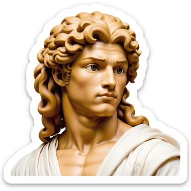 Cinematic Realistic Hercules Portrait, head tilted playfully and inquisitively, showcasing a blend of legendary power and youthful charm with the refined features of Michelangelo's David. His light tan, sculpted skin and thick, curly, golden brown hair—styled with wild majesty—evoke the spirit of the lion-wrestling Hercules. Clad in a softly draped white robe with subtle golden details and adorned with a Greek laurel wreath, his expressive eyes and warm smile capture an approachable yet formidable hero, bathed in gentle natural lighting. sticker