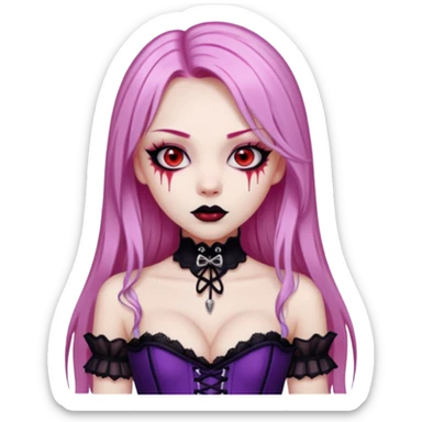 pretty scary girl, long straight LIGHT pink HAIR,SCARY RED eyes, black eyeliner, pale skin, purple corset clothes with laces sticker