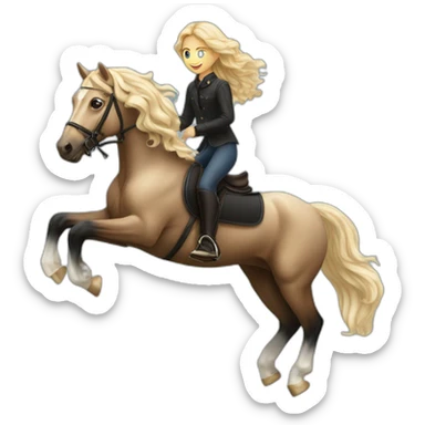 blonde girl with wavy hair riding friesian horse jumping sticker