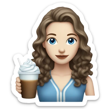 Pale skin women with brown wavy hair and blue eyes drinking ice latte  sticker