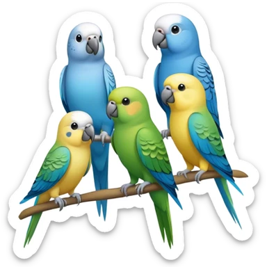 group of 1 fully blue parakeet, one fully green parakeet, one fully grey parakeet, and one fully yellow parakeet sticker