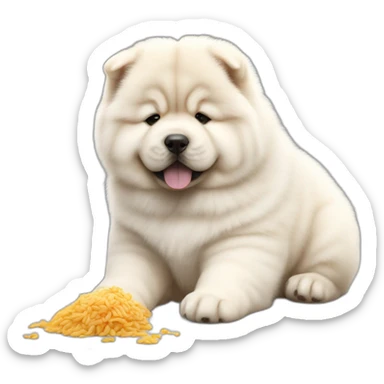 Chow chow white pup,eating a food,young cute,furry shiny dog cute, realistic, young,sitting on floor, beautiful picture, 4k, 16k sticker
