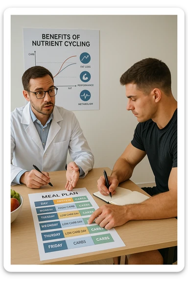 a nutritionist explains to an athlete how to cycle macronutrients for fat loss and training. On the desk, a weekly meal planner shows alternating high-carb and low-carb days, with color-coded sections for proteine, grassi, and carbo. The athlete takes notes, and a chart in the background illustrates the benefits of nutrient cycling. The mood is professional and educational. scritto in italiano sticker