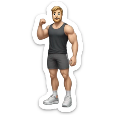 Full height realistic Actively gesturing with hands Pale skinned Fit Man With the biceps and brown hair in dark gray Sleeveless Mike, black oversize sports shorts, watch and white Sneakers sticker