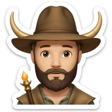 Bearded figure — large brown hat with horn, tattoo on face sticker