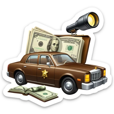 Icon for Action & Crime Reading: an open book with dramatic crime scenes—bullet holes on pages, a detective badge, a revolver, and a getaway car. Surrounding elements include a briefcase with cash and a flickering streetlight. Transparent background. sticker