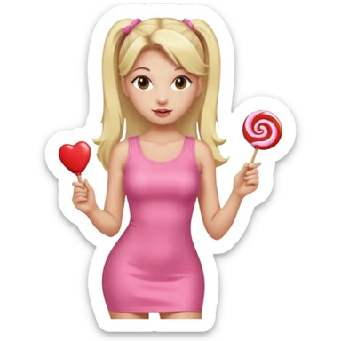 Beautiful woman with long blonde ponytails wearing light pink bodycon dress holding a lollipop sticker