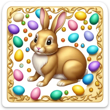 Golden Easter rabbit among golden jewelled Easter eggs on silky colourful carpet sticker