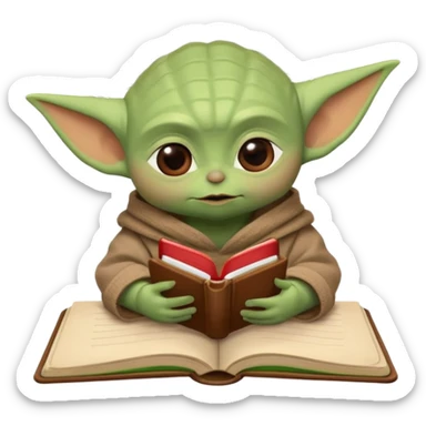 Baby Yoda con su tunica chocolate escribiendo en un cuaderno sobre un escritorio en un aula de clases sticker