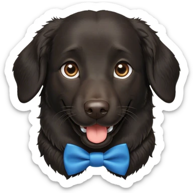 Black, flat-coated retriever, smooth fur with curly ears, smiling face, blue bow tie collar, brown eyes sticker