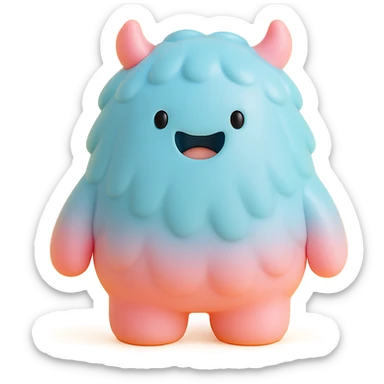 fluffy monster with long fur, tiny horns, cheerful expression, light blue and pink colors sticker