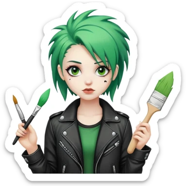 punk-girl with green hair in leather jacket with brush sticker