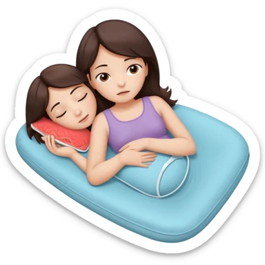  a brunette girl lying down on her side, holding a warm heating pad against her lower belly. She's uncomfortable and sad, her posture should show she’s having menstrual cramps. Use simple lines, rounded shapes, soft colors, and a clean emoji aesthetic. Make it expressive but still adorable sticker