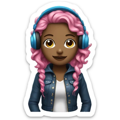 hotgir; rock; leather; girl; pink and blue long curly hair with headphones sticker