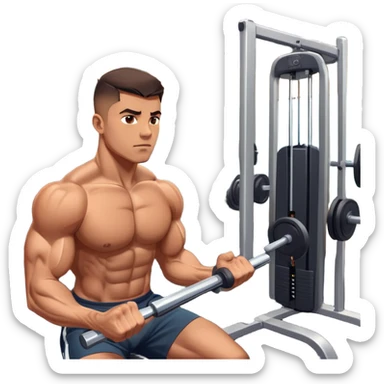 A focused athlete working out on a strength training machine in a modern gym. Muscles engaged, expression determined, demonstrating power and endurance. The gym is filled with equipment like dumbbells, barbells, and mirrors reflecting effort, creating a high-energy atmosphere. sticker