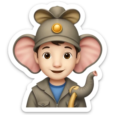 A boy that has a elephant hat that has a trunk sticker