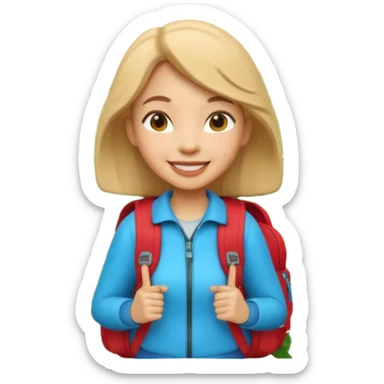 A 3D cartoon woman with a backpack smiling outdoors, surrounded by greenery, Memoji-style realism. sticker