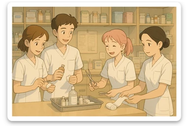 Four nursing students in Ghibli style, preparing equipment together in a care station, wearing white short-sleeve uniforms with V-neck medical tunics, left chest pocket, no collar stand, no stethoscopes, nothing protruding from sleeves, warm and collaborative scene sticker