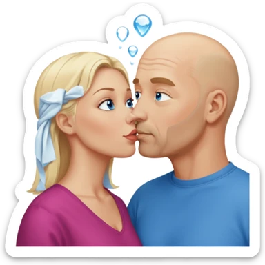 middle aged bald man with salt and blonde scruff, blue eyes and blonde woman with blue eyes kissing each other sticker