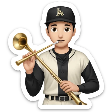 Un señor tocando el trombón (viendo hacia arriba, con los ojos cerrados), que tenga una gorra de béisbol negra de LOS ANGELES (LA), vestido todo de negro sticker
