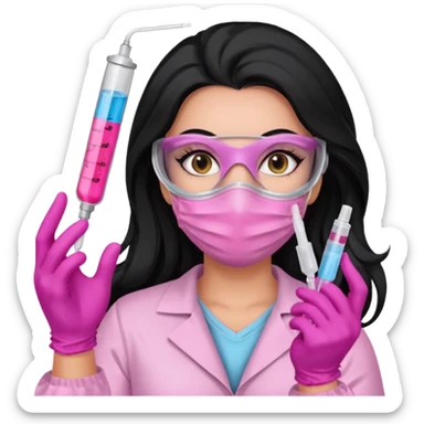 laboratorista con guantes rosa y mascarilla rosa  jeringa tubos  pelo negro largo triguella sticker