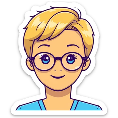 blonde teacher with pixie haircut, gold glasses, blue eyes, big eyelashes, nice smile sticker