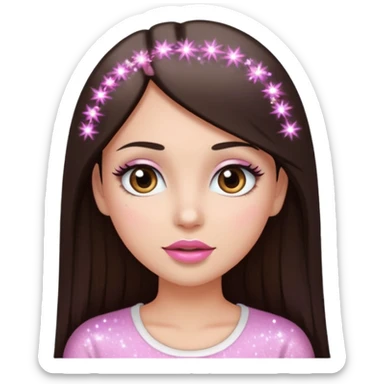 A young woman with long straight dark bown hair, big brown eyes, long eyelashes, pink lips, wearing a plain white top, in emoji style with sparkles in her hair sticker