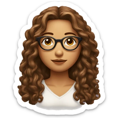 Fille aux cheveux longs brun frisés en bout avec des lunettes et un pendentif jesus sticker