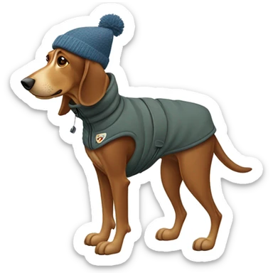 Brown hound on two legs with jackets pants and hat skiing  sticker