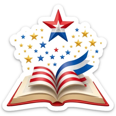 Scenic design book with Puerto Rican flag colors and pattern flowing through its pages, theater stage elements and flag's star incorporated into book design sticker