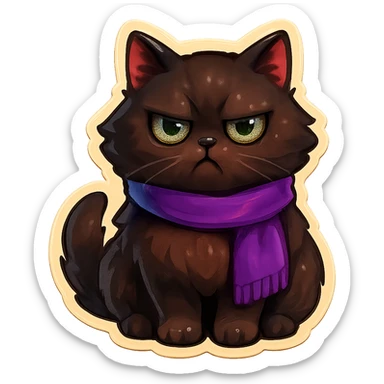 Fluffy grumpy cute dark-brown cat with green eyes and a purple scarf sticker
