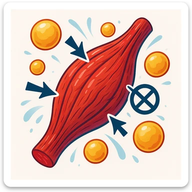 muscles with very low oxidative capacity, fat molecules around struggling to enter the muscle, modern illustrative style inspired by DALL·E 3, vivid and contrasting colors, realistic and creative details, arrows or symbols showing difficulty of entry, clean atmosphere, white background sticker