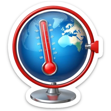 Blue Earth sphere, tilted. Prominent, oversized, fiery red thermometer/gauge, embedded. Indicator peaking 'danger' zone sticker