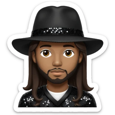 Ahmad "Real" Givens with long dark brown hair, black sequin outfit, black hat sticker