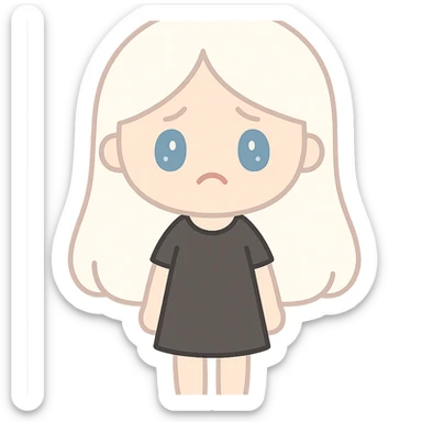 A girl with long white hair, blue eyes, sad and tired, wearing a black dress. sticker