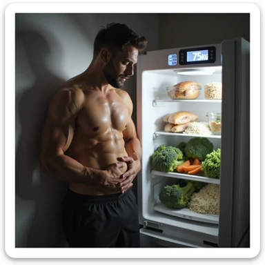 hyperrealistic 4K image of a man in sports clothes leaning against the fridge clutching his stomach, scale with '75kg' visible, open fridge full of chicken, rice, broccoli sticker