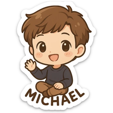 chibi sticker of Michael, oversized head, cute expression, brown hair sticker