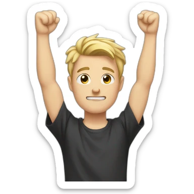 light haired white young man in dark t-shirt with both fists clenched to his head in because he lost sticker