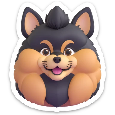 fluffy black and tan Pomeranian dog face, big dark eyes, black button nose, tan muzzle, tan eyebrow spots, thick fluffy fur, upright triangular ears with gray tips, friendly and cute sticker