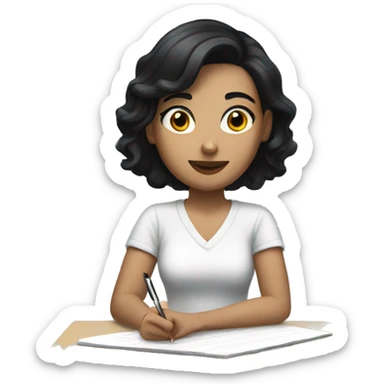 white woman with short black hair writing  a notebook sticker