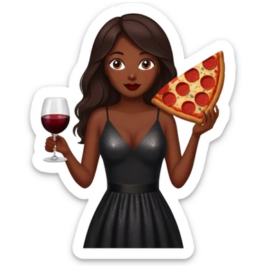 Beautiful woman in 1950’s woman fashion look, black shimmery dress, long dark brown hair, red wine, Pepperoni pizza sticker