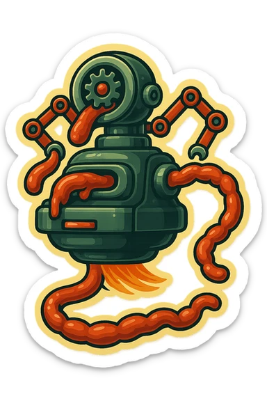 sausage-processing droid. retro-futuristic style. in front is a large industrial grinder rotating gears and blades. Two robotic arms feed material into grinder. Sausage links extrude from the rear like  factory. The body is metallic, compact, and floats above the ground.no legs. Dark humor sticker
