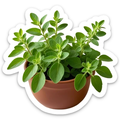 Cinematic Realistic Oregano Emoji, Bold and aromatic, with dark green leaves that radiate flavor and warmth. The plant’s rounded leaves create a lush, hearty growth, while the distinct scent invites comfort and coziness. Soft glowing outline, capturing the essence of bold flavor and herbal richness in a sprig of oregano! sticker
