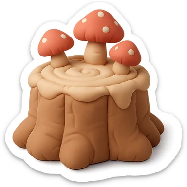 a tree stump cake topped with mushrooms, forest dessert concept, cushion style sticker