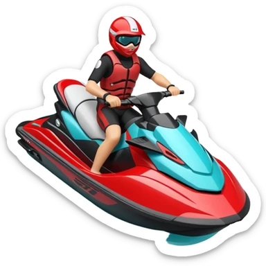 jet ski (red black and white all in the same amount. maybe a red a bit more dominant) on the sea. show the sea under the jet ski - blue with turquoise. no sky - white background instead. DO NOT REMOVE THE SEA AND THE WHITE WHEN FINALIZING!  NO ONE IS ON THE JET SKI  sticker